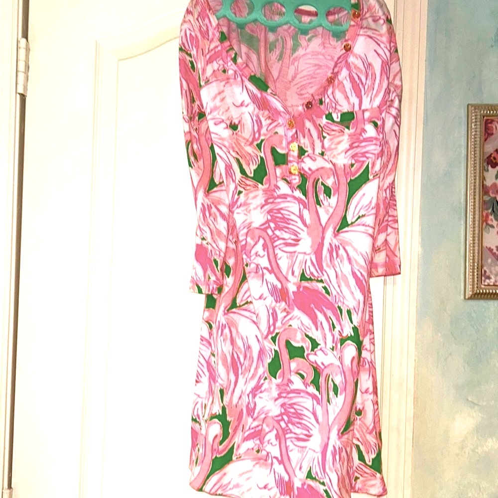 Lilly, Pulitzer flamingo, pink and green three-quarter sleeve dress size XS